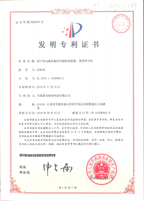 Device, System, and Method for Lithium Battery Anode Material Production – Invention Patent Certificate